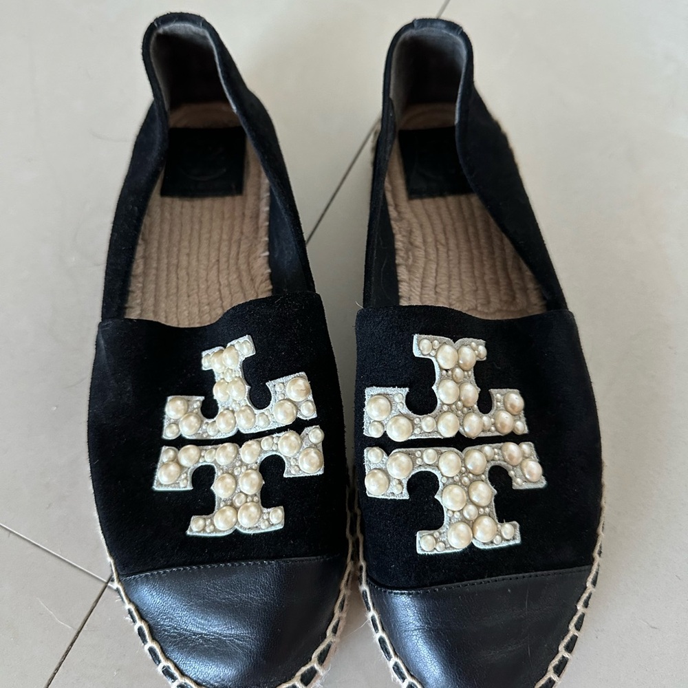 Tory Burch Black Espadrilles with Pearl Accents